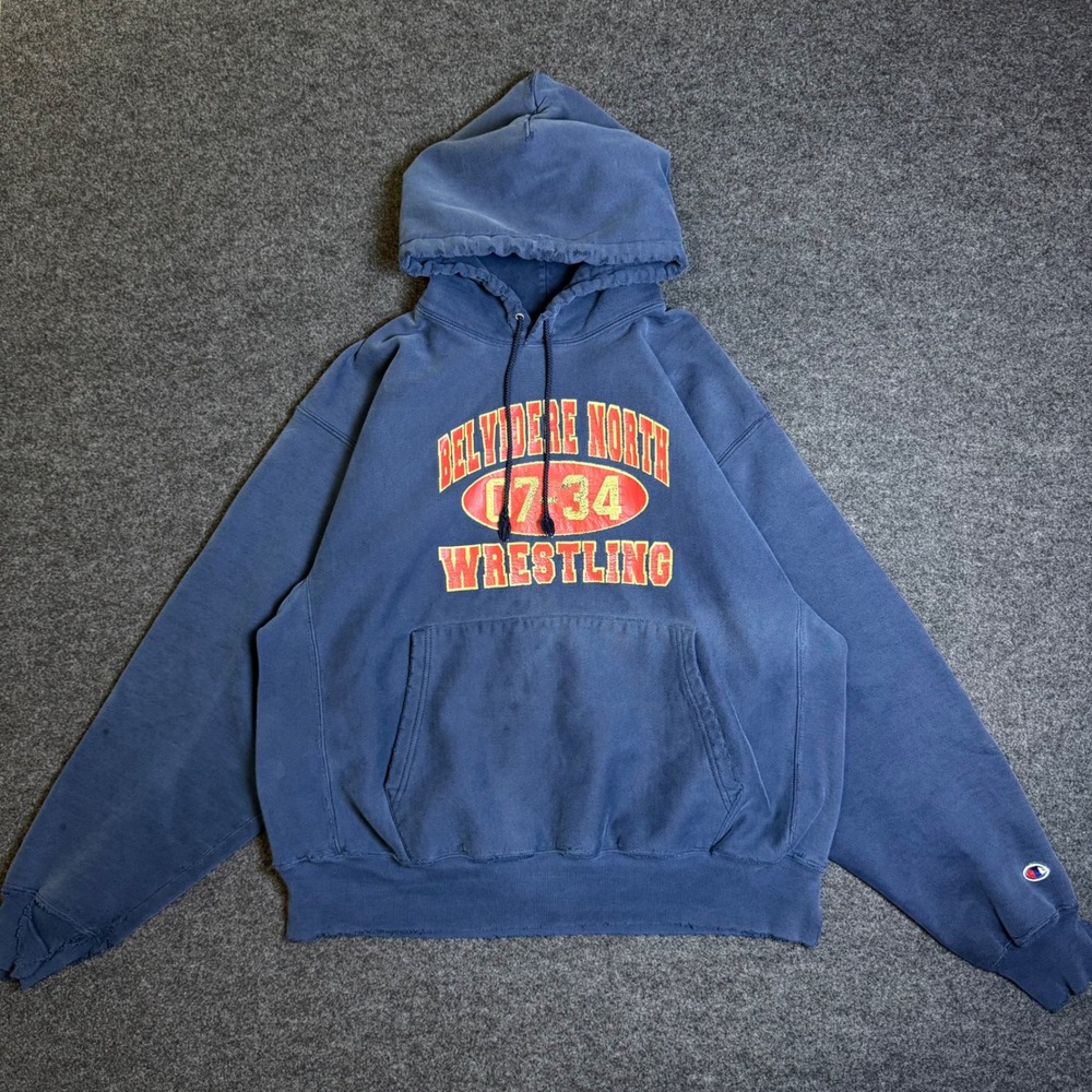 Vintage Champion Reverse Weave Hoodie Mens L Blue Distressed Made in USA Y2K
